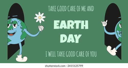Retro psychedelic World Day Earth horizontal banner with Cartoon planet in trendy Rubber Hose style. Groovy design save planet concept. Vector illustration for web. EPS 10 editable stroke
