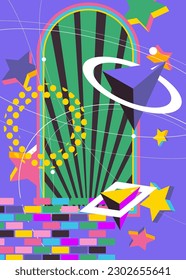 Afiche vectorial volumétrico retro con arte gráfico geométrico vibrante. Fondo de formas geométricas simples. Resumen ocupado cartel de ilustración de caricaturas antiguas.
