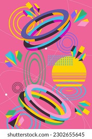 Retro psychodelisches volumetrisches Vektorposter mit pulsierender geometrischer Grafik. Einfache geometrische Formen, Hintergrund. Abstrakter, geschäftiger, alter Cartoon-Illustrationsbanner.