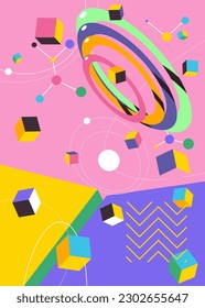 Retro psychodelic volumetric vector poster with vibrant geometrical graphic art. Simple geometric shapes background. Abstract busy old cartoon illustration banner.