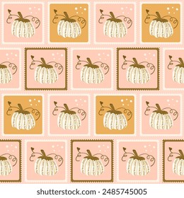 Retro pumpkin bento box seamless pattern. Patch work stylized autumn harvest repeat background. Halloween retro stamps endless design. Vector hand drawn flat illustration.