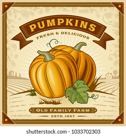 Retro pumpkin harvest label with landscape. Editable EPS10 vector illustration in woodcut style with clipping mask and transparency.