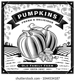 Retro pumpkin harvest label with landscape black and white.  Editable vector illustration in woodcut style with clipping mask.