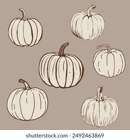 Retro pumpkins, fall, pumpkins, harvest, season, october, thanksgiving, vegetables, harvest, harvesting, card, invitations, vector, illustration, set, stylish, beautiful, cute, vintage 