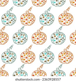 Retro pumpkins with hippie flowers, autumn seamless pattern in brown, blue colors. Halloween, Thanksgiving background. Fall motif for wallpaper, wrapping, digital paper, textile, fabric
