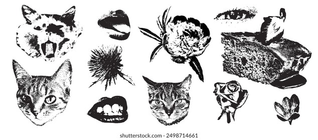 Retro punk elements with photocopy stipple effect for collage art. Vector illustration of cat, chocolate cake, flowers, rose, lips or mouth, hands, eyes in halftone dotwork design for banner or poster