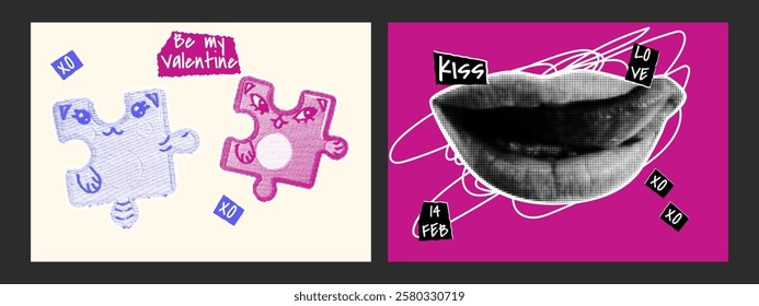 Retro punk Valentine's Day postcards. Lips, puzzles. Halftone collage. Dotted pop art style. Modern vector illustration