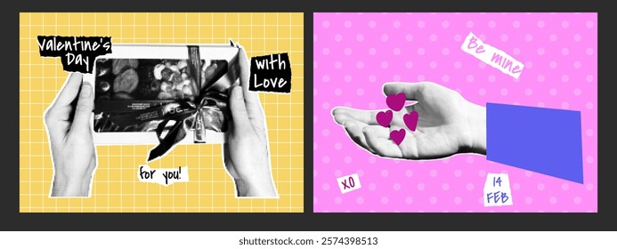 Retro punk Valentine's Day posters. Gift, hand with hearts. Halftone collage. Dotted pop art style. Modern vector illustration