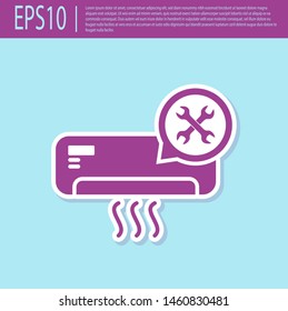Retro purple Air conditioner with screwdriver and wrench icon isolated on turquoise background. Adjusting, service, setting, maintenance, repair, fixing.  Vector Illustration
