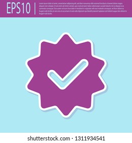 Retro purple Approved or certified medal with ribbons and check mark icon isolated on turquoise background. Flat design. Vector Illustration