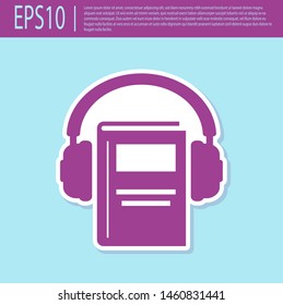 Retro purple Audio book icon isolated on turquoise background. Book with headphones. Audio guide sign. Online learning concept.  Vector Illustration
