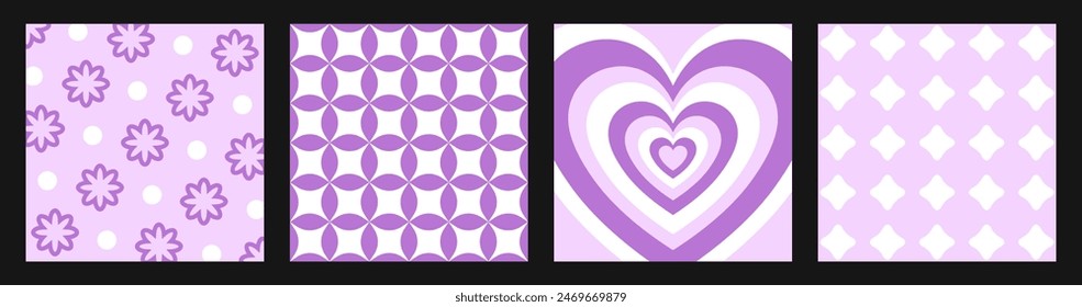 Retro purple background set of four square cards and patterns, y2k aesthetics, abstract backdrops. Vector illustration.