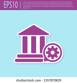 Retro purple Bank building and gear icon isolated on turquoise background. Adjusting app, service concept, setting options, maintenance, repair, fixing. Vector Illustration