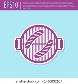 Retro purple Barbecue grill with sausage icon isolated on turquoise background. BBQ grill party. Vector Illustration