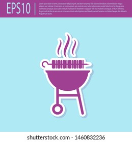 Retro purple Barbecue grilled shish kebab on skewer stick icon isolated on turquoise background. BBQ meat kebab on skewer stick. Picnic with grill meat. Vector Illustration