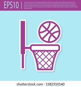 Retro purple Basketball ball and basket icon isolated on turquoise background. Ball in basketball hoop.  Vector Illustration
