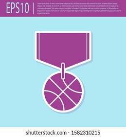 Retro purple Basketball medal with ribbon icon isolated on turquoise background.  Vector Illustration