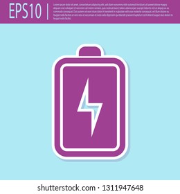 Retro purple Battery icon isolated on turquoise background. Lightning bolt symbol. Flat design. Vector Illustration