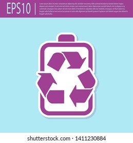 Retro purple Battery with recycle symbol line icon isolated on turquoise background. Battery with recycling symbol - renewable energy concept. Vector Illustration