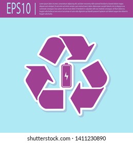 Retro purple Battery with recycle symbol line icon isolated on turquoise background. Battery with recycling symbol - renewable energy concept. Vector Illustration
