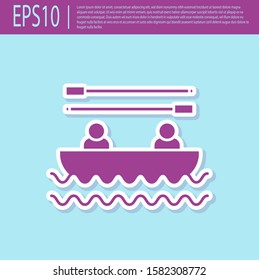 Retro purple Boat with oars and people icon isolated on turquoise background. Water sports, extreme sports, holiday, vacation, team building.  Vector Illustration