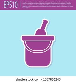 Retro purple Bottle of wine in an ice bucket icon isolated on turquoise background. Flat design. Vector Illustration
