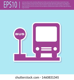 Retro purple Bus stop icon isolated on turquoise background. Transportation concept. Bus tour transport sign. Tourism or public vehicle symbol.  Vector Illustration