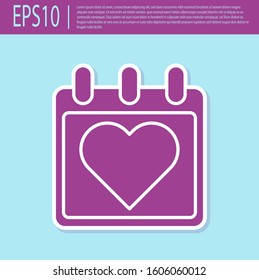 Retro purple Calendar with heart icon isolated on turquoise background. Valentines day. Love symbol. February 14.  Vector Illustration