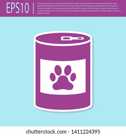 Retro purple Canned food icon isolated on turquoise background. Food for animals. Pet food can. Dog or cat paw print. Vector Illustration