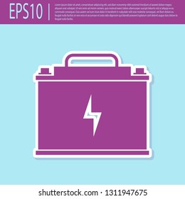 Retro purple Car battery icon isolated on turquoise background. Accumulator battery energy power and electricity accumulator battery. Lightning bolt symbol. Flat design. Vector Illustration