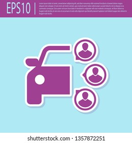 Retro purple Car sharing with group of people icon isolated on turquoise background. Carsharing sign. Transport renting service concept. Flat design. Vector Illustration