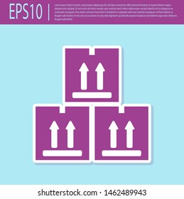 Retro purple Cardboard box with traffic symbol icon isolated on turquoise background. Box, package, parcel sign. Delivery, transportation and shipping.  Vector Illustration