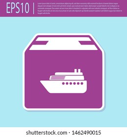 Retro purple Cargo ship with boxes delivery service icon isolated on turquoise background. Delivery, transportation. Freighter with parcels, boxes, goods.  Vector Illustration