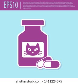 Retro purple Cat medicine bottle and pills icon isolated on turquoise background. Container with pills. Prescription medicine for animal. Vector Illustration