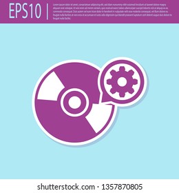 Retro purple CD or DVD disk and gear icon isolated on turquoise background. Adjusting app, service concept, setting options, maintenance, repair, fixing. Vector Illustration