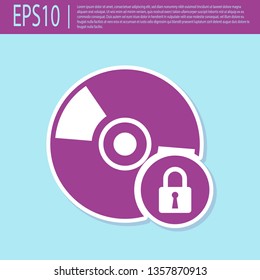Retro purple CD or DVD disk with closed padlock icon isolated on turquoise background. Compact disc sign. Security, safety, protection concept. Vector Illustration