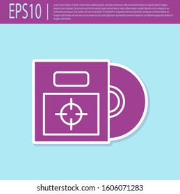 Retro purple CD or DVD disk in box icon isolated on turquoise background. Compact disc sign.  Vector Illustration
