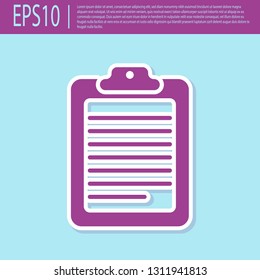 Retro purple Clipboard with document icon isolated on turquoise background. Flat design. Vector Illustration