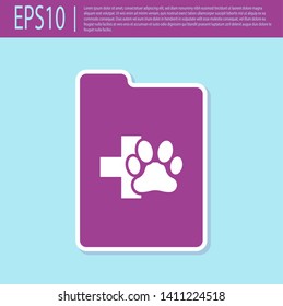 Retro purple Clipboard with medical clinical record pet icon isolated on turquoise background. Health insurance form. Medical check marks report. Vector Illustration