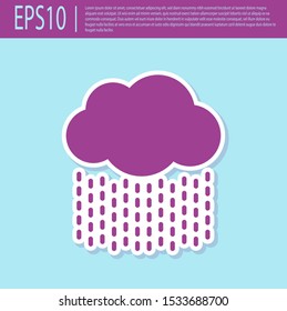 Retro purple Cloud with rain icon isolated on turquoise background. Rain cloud precipitation with rain drops.  Vector Illustration