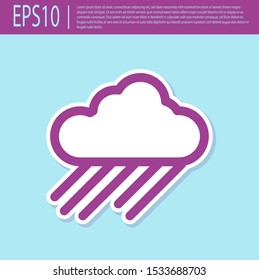 Retro purple Cloud with rain icon isolated on turquoise background. Rain cloud precipitation with rain drops.  Vector Illustration