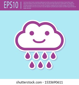 Retro purple Cloud with rain icon isolated on turquoise background. Rain cloud precipitation with rain drops.  Vector Illustration