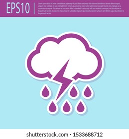 Retro purple Cloud with rain and lightning icon isolated on turquoise background. Rain cloud precipitation with rain drops.Weather icon of storm.  Vector Illustration