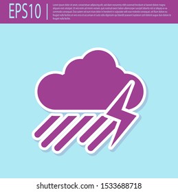 Retro purple Cloud with rain and lightning icon isolated on turquoise background. Rain cloud precipitation with rain drops.Weather icon of storm.  Vector Illustration