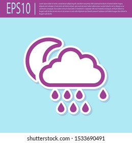 Retro purple Cloud with rain and moon icon isolated on turquoise background. Rain cloud precipitation with rain drops.  Vector Illustration
