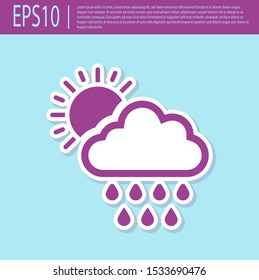 Retro purple Cloud with rain and sun icon isolated on turquoise background. Rain cloud precipitation with rain drops.  Vector Illustration