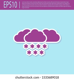 Retro purple Cloud with snow icon isolated on turquoise background. Cloud with snowflakes. Single weather icon. Snowing sign.  Vector Illustration