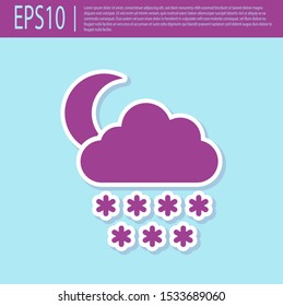 Retro purple Cloud with snow and moon icon isolated on turquoise background. Cloud with snowflakes. Single weather icon. Snowing sign.  Vector Illustration