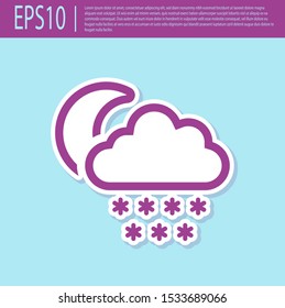 Retro purple Cloud with snow and moon icon isolated on turquoise background. Cloud with snowflakes. Single weather icon. Snowing sign.  Vector Illustration
