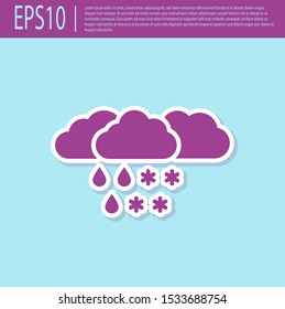 Retro purple Cloud with snow and rain icon isolated on turquoise background. Weather icon.  Vector Illustration